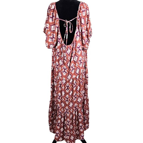 Knox Rose Womens 1X Puff Short Sleeve Tiered A-Line Dress Boho Rust & White - Picture 4 of 11